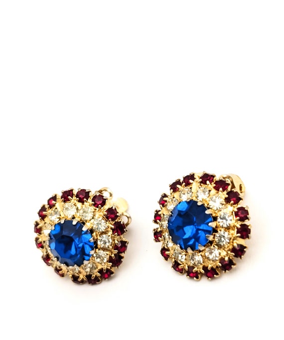 Red White Blue Rhinestone Clip On Earrings, Vinta… - image 3