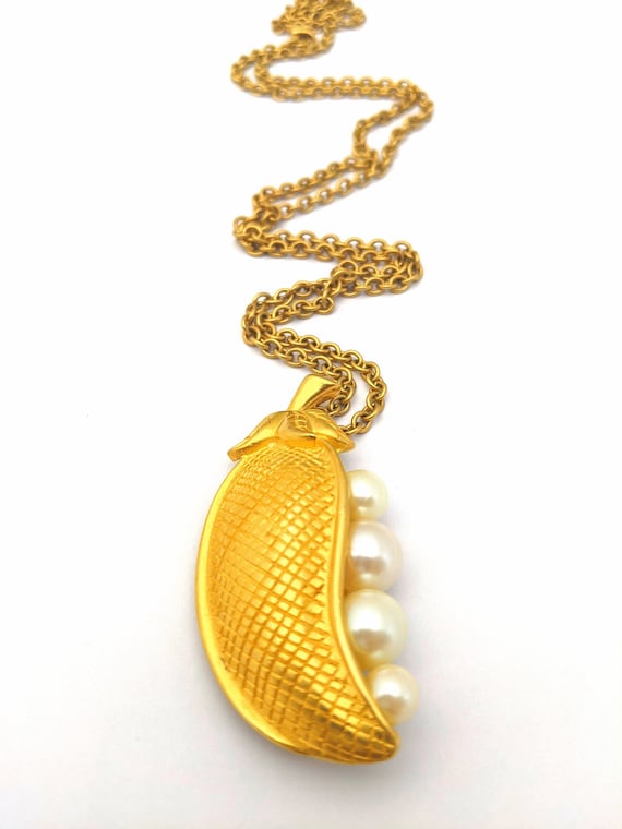 Golden Pea Pod Pendant Necklace, Long Gold Faux Pe