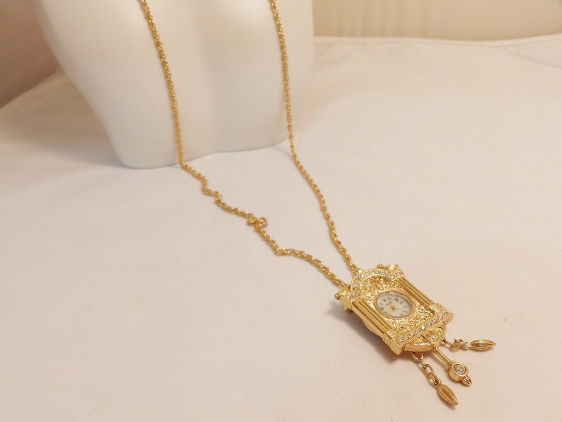 Gold Tone Rhinestone Cuckoo Clock Pendant Necklace Vintage Etsy