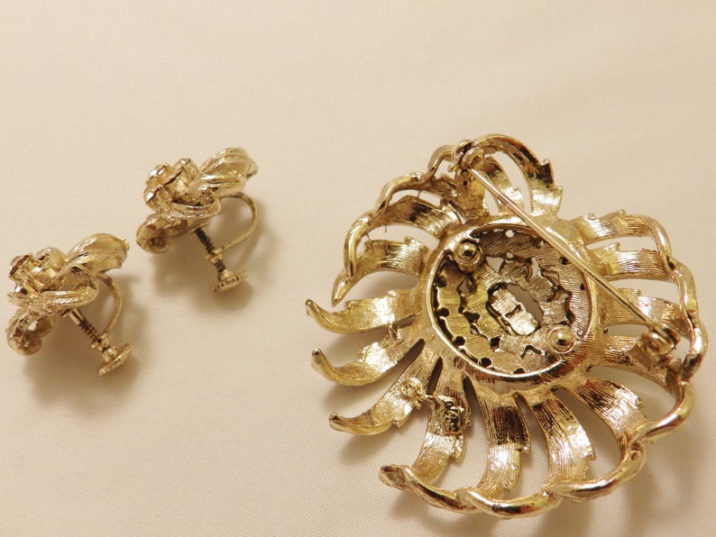 Rhinestone Sunflower Brooch and Earring Coro Jewelry Set