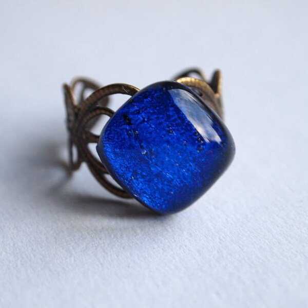 Square Cobalt Blue Dichroic Fused Glass Cabachon Antiqued Filigree Ring Adjustable Craft