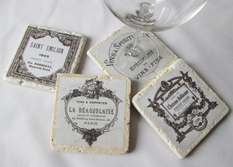 Vintage French Wine Label Coasters set of 4 French coasters, wine coasters, French decor, hostess gift, wine lover image 2