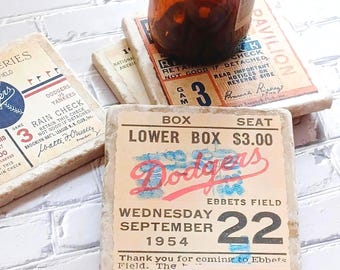 Brooklyn Dodgers Ticket Stub Coasters: Vintage Ebbets Field Memorabilia, Marble Drink Set of 4