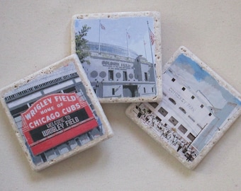 Chicago Stadiums Coasters - set of 4 - Wrigley Field, Comiskey Park, Soldier Field, Chicago Cubs, Chicago White Sox, Chicago Bears