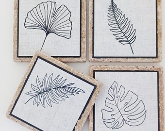 Tropical Leaf Coasters -set of 4- Plant Coasters, Botanical Decor, Palm Leaf, Plant Lover, Line Drawings, Nature Coasters, Gift for Gardener