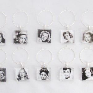 Old Hollywood Starlets Wine Charms - set of 6 or 10 - Hollywood Wine Tags, Oscars Party Favors, Judy Garland, Katharine Hepburn, Wine Tags