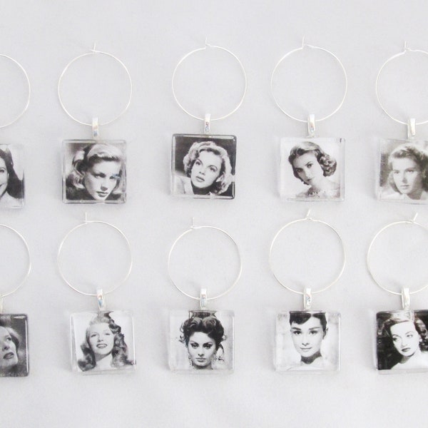 Old Hollywood Starlets Wine Charms - set of 6 or 10 - Hollywood Wine Tags, Oscars Party Favors, Judy Garland, Katharine Hepburn, Wine Tags