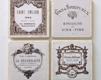 Vintage French Wine Label Coasters: Set of 4 Marble Drink Coasters