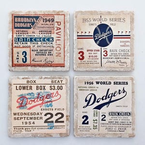 Brooklyn Dodgers Ticket Stub Coasters - set of 4 - Ebbetts Field, World Series, Dodgers Coasters, Vintage Dodgers Baseball Coasters