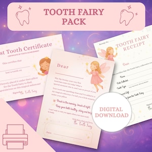 May include: A Tooth Fairy Pack with certificates, receipts, and a letter. The pack includes a certificate of tooth achievement, a receipt, and a letter from the Tooth Fairy. The design features illustrations of a fairy in a pink dress and gold stars.
