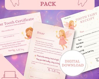 May include: A Tooth Fairy Pack with certificates, receipts, and a letter. The pack includes a certificate of tooth achievement, a receipt, and a letter from the Tooth Fairy. The design features illustrations of a fairy in a pink dress and gold stars.