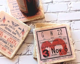 Chicago Bears Ticket Stub Coasters: Vintage Soldier Field Memorabilia, Marble Set of 4
