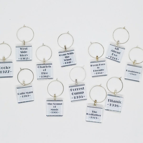 Academy Award Winning Movies Wine Charms -set of 6 or 10- Oscar Party, Oscars Party Favors, Hollywood Wine Charms, Movie Wine Charms