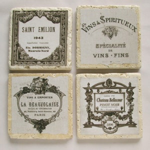 Vintage French Wine Label Coasters set of 4 French coasters, wine coasters, French decor, hostess gift, wine lover image 1