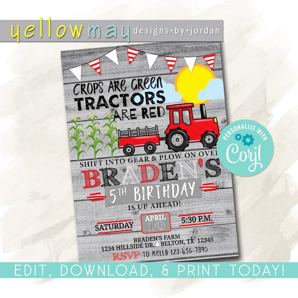 EDITABLE Case IH Tractor Birthday Party Invitation, Red Tractor, Tractor Invitation - 5x7
