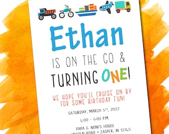 On the Go First Birthday Party Invitation - Transportation Birthday, Cars, Trucks, Things with Wheels - 5x7 - Printable PDF & JPG