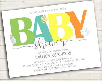 Gender Neutral Baby Shower Invitation, Baby Elements, Bottle, Diaper, Pacifier, Simple Baby Shower - 5x7 - Printable PDF & JPG