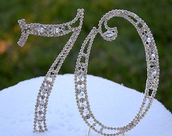 New Large 5" Crystal Rhinestone NUMBER SEVENTY (70) Cake Topper Silver 70th Birthday Party Anniversary Free Shipping CT700