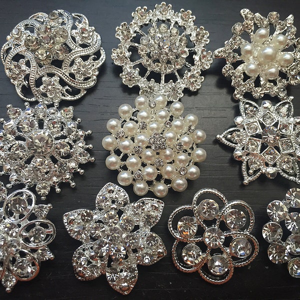 10 pcs Rhinestone Buttons Brooches Assortment Large Embellishment Set Pearl Crystal Wedding Brooch Bouquet US Seller E3YBT165
