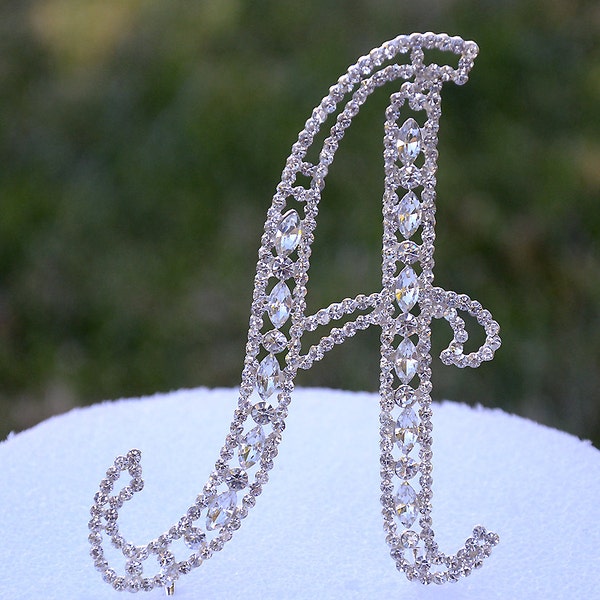 Large 5"  Crystal Rhinestone Silver Cake Topper Letter "A" Monogram Wedding Birthday Party Top Initial CT036