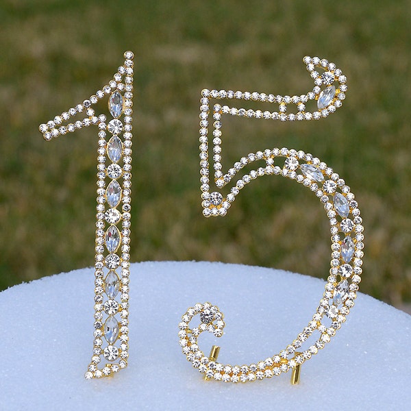 New 5" Gold Rhinestone NUMBER FIFTEEN (15) Cake Topper 15th Birthday Parties Free Shipping CT151