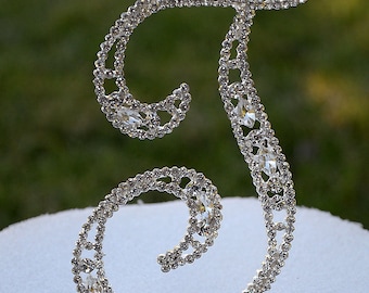Large 5"  Crystal Rhinestone Silver Cake Topper Letter "T" Monogram Wedding Birthday Party Top Initial CT055