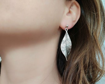 Autumn real leaf long earrings in sterling silver