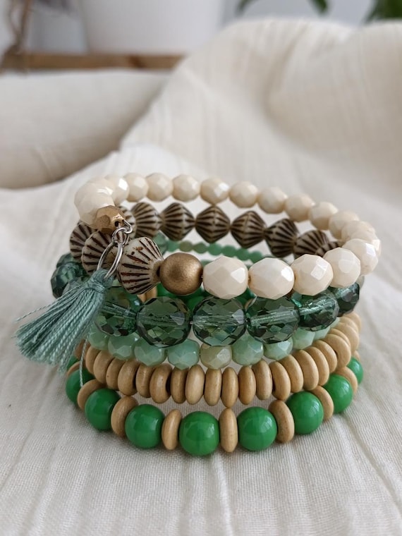 Green Bead Bracelet/wooden Beads/czech Glass/original Bracelet/eye