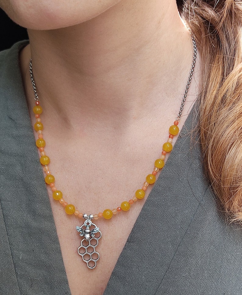 honeycomb necklace with bee with agates