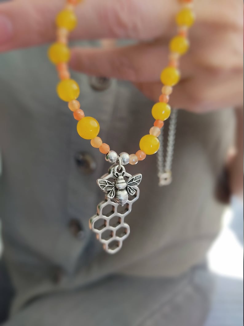 honeycomb necklace with bee with agates