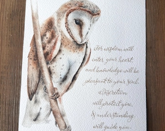 Barn Owl Original Watercolor painting, Proverbs 2:10-11
