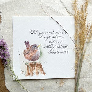 Colossians 3:2 Set your minds on things above, original watercolor wren bird, wildlife art, Bible verse sign, scripture art, gallery wall