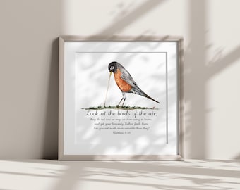 Mateo 6:26, Observa las aves del cielo, Petirrojo con gusano en acuarela, Impresión giclée, guardería, habitación infantil, educación en casa, cocina, amante de las aves