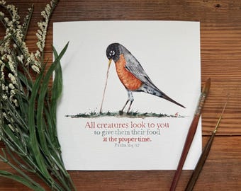 Salmo 104:27 Todas las criaturas miran hacia ti, Petirrojo con gusano, pintura original de acuarela, regalo para amantes de las aves de la naturaleza, arte para la sala de educación en el hogar, escritura