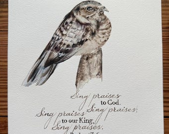 Salmo 47:6, Cantad alabanzas a nuestro Dios, Halcón nocturno, Acuarela original de chotacabras, Regalo para un cazador, Regalo para un amante de la naturaleza, Pájaro cantor