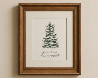 Oh ven, oh ven Emmanuel, acuarela original de un árbol de Navidad nevado, decoración invernal, arte navideño, arte con versículo bíblico, 8x10