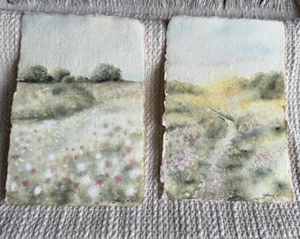 Original Vintage Country Landscape watercolor paintings, set of 2, 4x6, path in meadow, French countryside art, sunrise, meadow of flowers