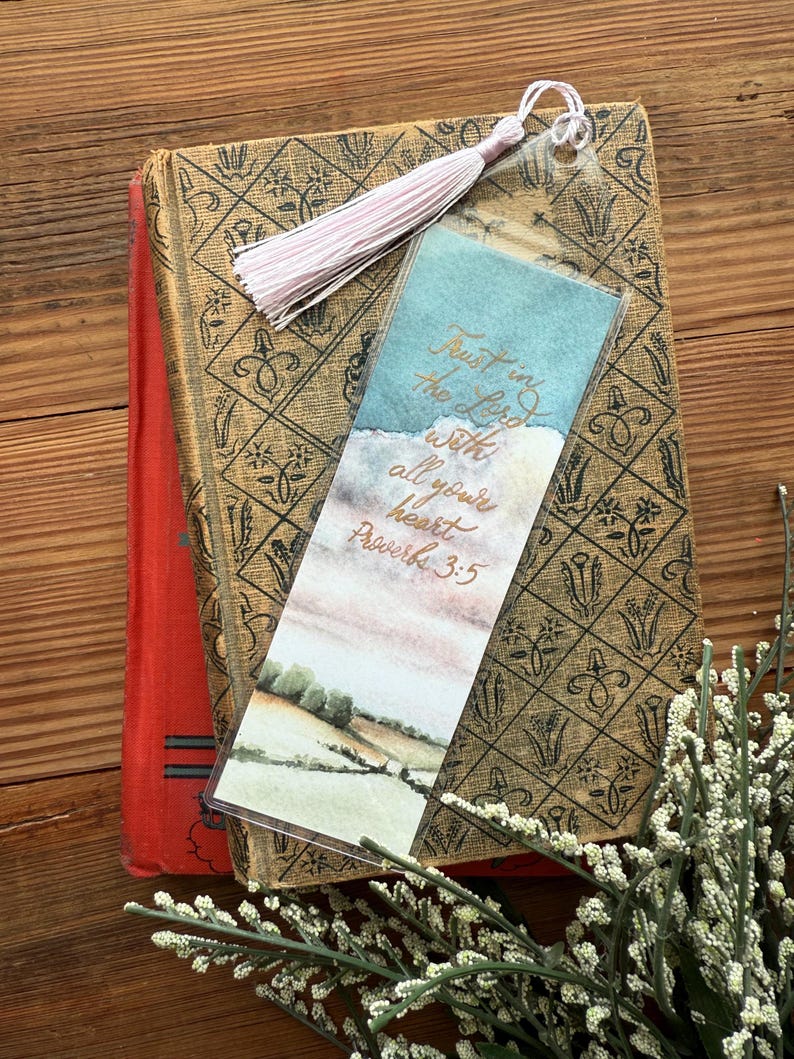 Watercolor Bookmark, Lakeside, Countryside, Bible Verse, Metallic Gold ...