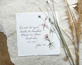 John 14:1 original watercolor wildflower hand lettered painting, mini bible verse, grief gift, encouragement gift, anxiety worry scripture