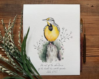 Lucas 6:45, Porque de la abundancia del corazón, pintura de acuarela original de Meadowlark, decoración de versículos bíblicos, arte de cocina, regalo para mamá