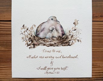 Mateo 11:30, Paloma huilota con cría, acuarela original, 8x8, Nido de pájaro, regalo para madre, Venid a mí, os daré descanso.