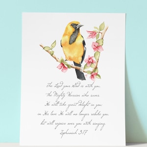 Sofonías 3:17, obra de arte de Oriole, arte de cocina en acuarela, El Señor tu Dios está contigo, pintura de acuarela original de pájaro amarillo, regalo para mamá