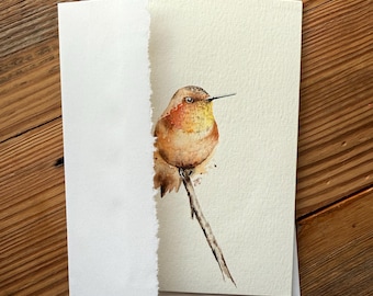 Tarjeta de felicitación en blanco de 5x7 pulgadas con colibrí en acuarela original, obra de arte original, sobre blanco.