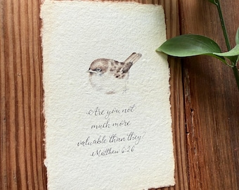 Mateo 6:26, acuarela Gorrión, papel de algodón vintage, 4x6, pintura de acuarela original, rústica, obra de arte vintage