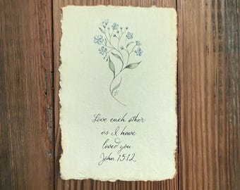 Acuarela de la flor "No me olvides", Juan 15:12, papel de acuarela vintage hecho a mano, acuarela original, pintura de versículos bíblicos