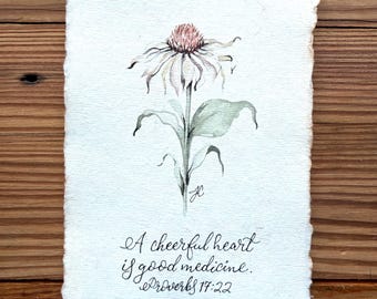 Cone Flower Original Watercolor Painting, Echinacia, Proverbs 17:22 ,Rustic Vintage Art (4x6 Unframed)