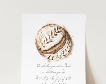 Impresión giclée, arte de pan artesanal de masa madre, 1 Corintios 10:31, decoración de pared para la cocina en acuarela, pintura en acuarela, regalo para mamá