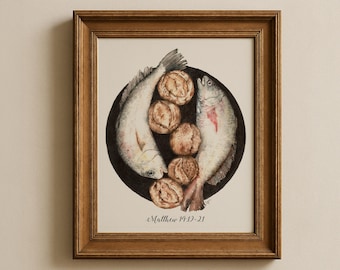 Mateo 14:19-21, Panes y peces (impresión en acuarela), versículo bíblico, Jesús alimenta a los 5000, escritura, impresión giclée