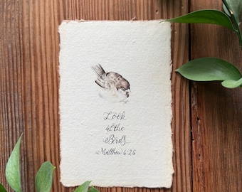 Mateo 6:26, acuarela Gorrión, papel de algodón vintage, 4x6, pintura de acuarela original, rústica, obra de arte vintage