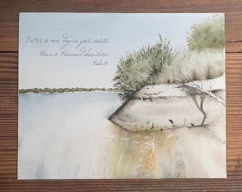 Acuarela original: Salmo 84, Paisaje junto al lago (8x10)